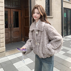 浅灰色秋冬皮毛一体外套女仿水貂绒休闲上衣2C353--715#P190K278，女装短外套，2C353