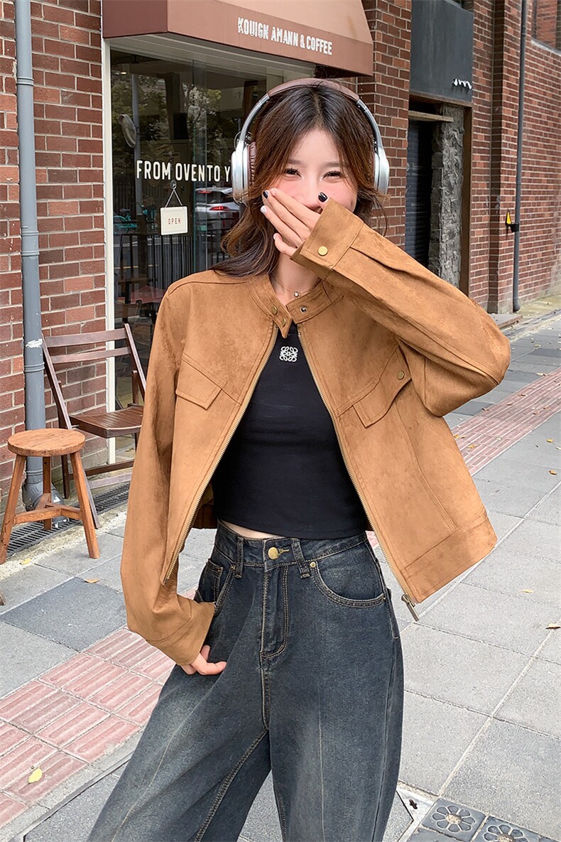 美拉德风咖色短款麂皮绒外套女春秋2025超火好看高级小众夹克上衣,女装短外套,2C176