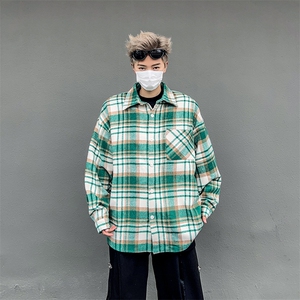 春季格子衬衫男生外套宽松青少年韩版潮流痞帅长袖衬衣上衣图片