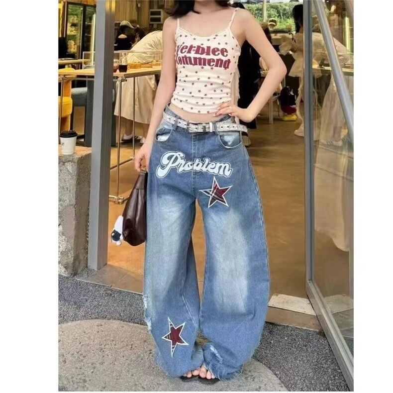 美式复古星星刺绣牛仔裤男女街头嘻哈宽松弯刀阔腿长裤潮，男装牛仔裤，星座506A