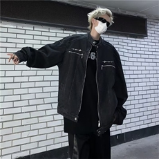 美式复古做旧水洗垫肩短款拼接牛仔外套潮金属无领夹克男JN1224，男装夹克，星座1116A-1（原606A）