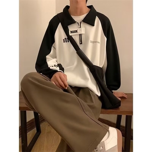 1506/QHYQ070/P39潮牌港风拼色长袖Polo衫男刺绣字母半拉链卫衣图片