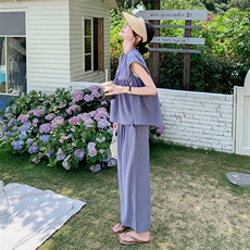 现货!套装女夏气质飞飞袖上衣阔腿长裤两件套5076P125K178，女装套装/套裙，2C166