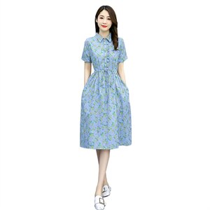 纯棉连衣裙女2023夏季时尚中长款碎花裙气质翻领收腰显瘦棉布裙子图片