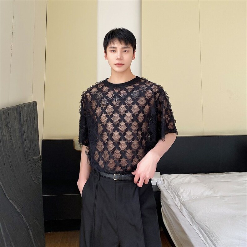 夏季男生新款圆领宽松小心机短袖镂空雕花T恤上衣潮A345-263-P60,男装T恤,电商A345