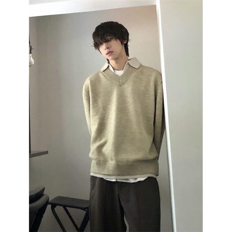 假两件衬衫领毛衣秋装新款内搭慵懒风撞色翻领灰色针织衫上衣,男装针织衫/毛衣,星座410-7