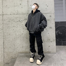 假两件套美式复古男春秋宽松休闲连帽pu皮纹理夹克外套JK9306-P85，男装夹克，星座308B-2