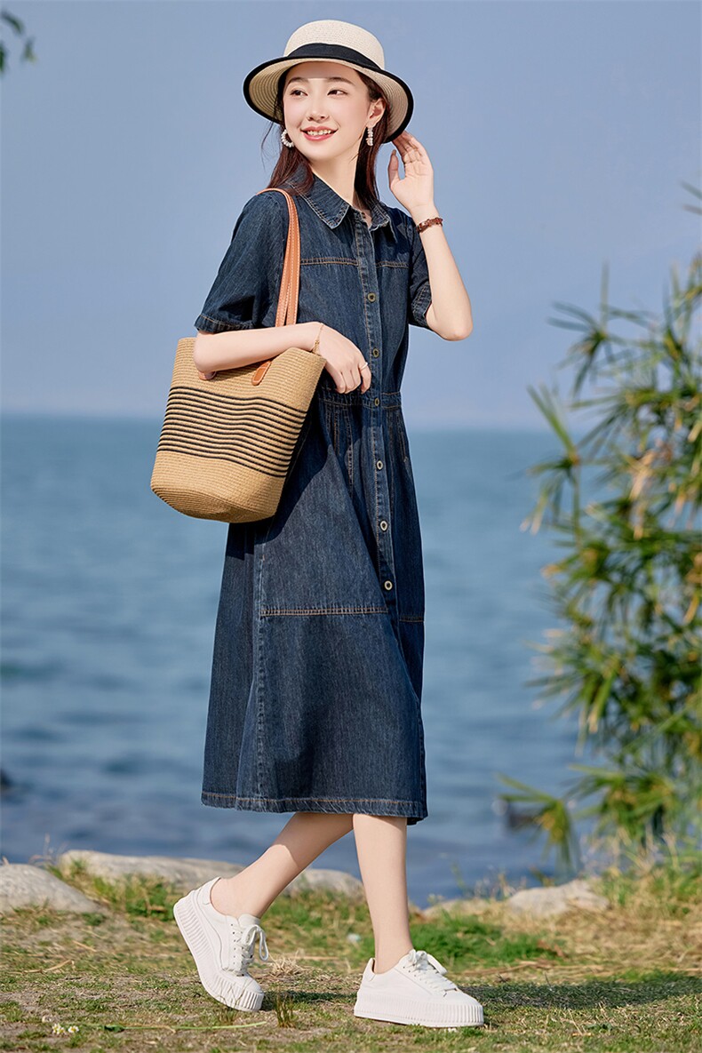 气质翻领短袖牛仔连衣裙女2025新款夏季薄款气质收腰显瘦休闲裙子,女装连衣裙,文熹诺