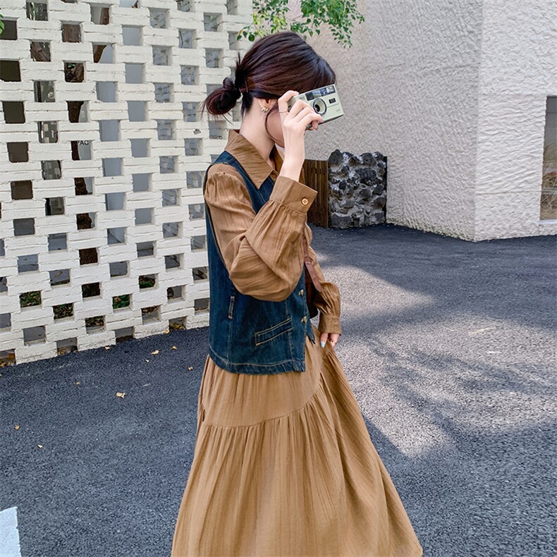 今年流行长袖连衣裙套装女2026春秋新款温柔风显瘦牛仔马甲两件套,女装套装/套裙,印象茜