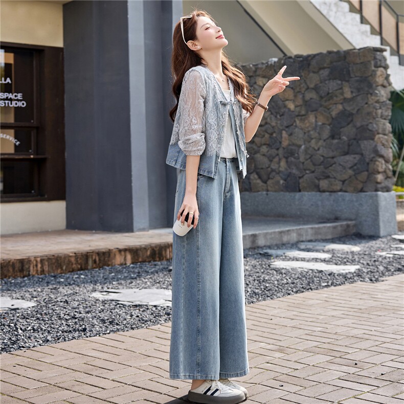 蕾丝拼接牛仔套装女春秋季新款洋气减龄阔腿裤两件套气质,女装套装/套裙,欣品汇