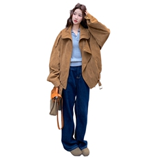 美拉德复古驼色麂皮绒外套女2026秋季慵懒风宽松机车炸街夹克上衣，女装短外套，2C159