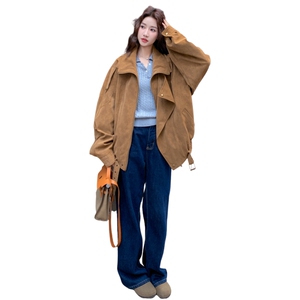 美拉德复古驼色麂皮绒外套女2026秋季慵懒风宽松机车炸街夹克上衣图片