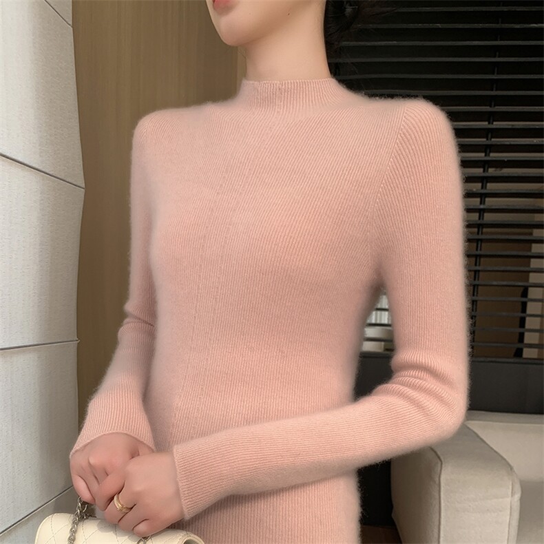 无缝半高领针织打底衫女2025新款保暖内搭修身加厚精纺毛长袖毛衣,女装羊绒衫,百越羊绒