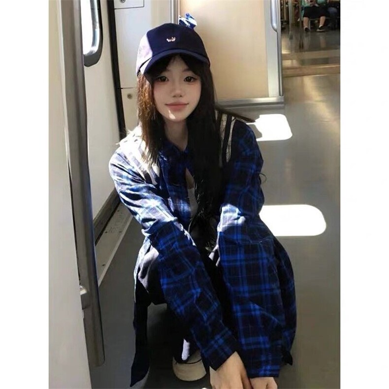 美式潮牌蓝色格子长袖衬衫男女款2025春秋冬季高级感格纹衬衣外套图片