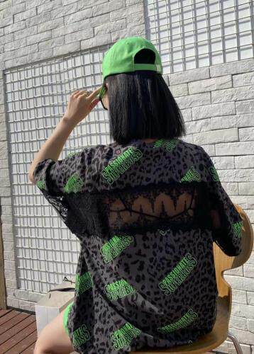 时尚豹纹蕾丝T恤，女装T恤，Q.P