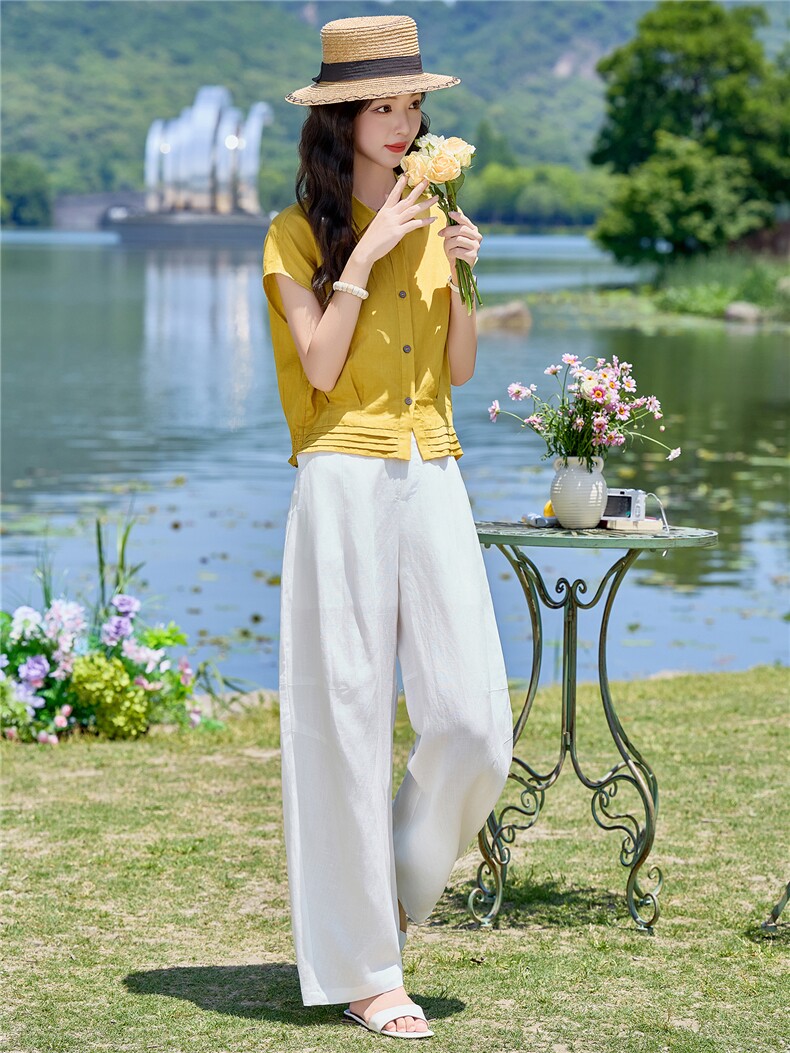 设计感天丝亚麻套装女2026夏季新款翻领收腰气质上衣透气直筒裤,女装套装/套裙,梦懿尔