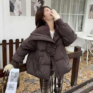 咖色氛围感针织领白鸭绒羽绒服女冬新款小个子加厚加绒短款外套图片