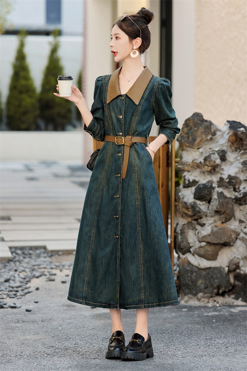 （新款现货）2026春秋新时尚复古色显瘦PU领子拼接牛仔连衣裙,女装连衣裙,印象茜