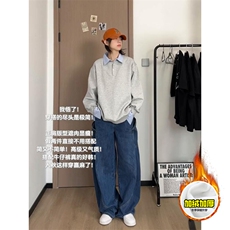 重磅加绒硬挺boxy男女美式高街假两件衬衫领长袖卫衣POLO领打底衫，男装T恤，电商A486