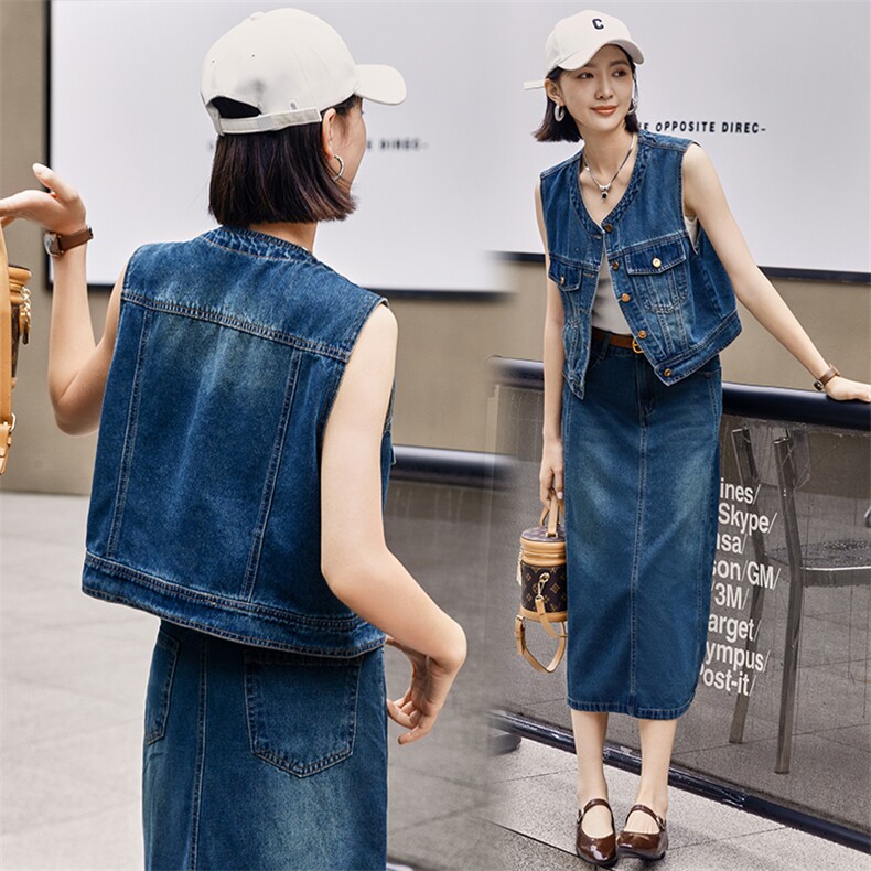高品质欧货2024夏季新款做旧水洗牛仔马甲上衣后开叉半身裙套装女，女装套装/套裙，江南女神