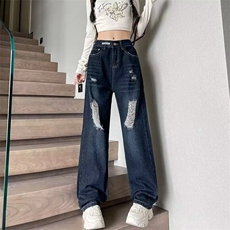 破洞阔腿牛仔裤女新款2024年美式高腰宽松垂感黑色直筒拖地裤，男装牛仔裤，星座506A