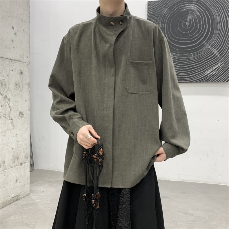 春季设计感极简法式高级男女立领衬衣小众高领大码两粒扣气质衬衫图片