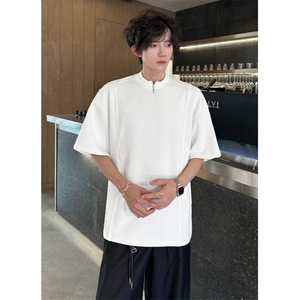 夏季短袖设计感小众男白色半拉链圆领T恤休闲五分袖 T5578图片