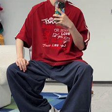 抖音得物高品质二开240克宽松纯棉美式潮牌三条杠织带短袖T恤，男装T恤，电商A486-1