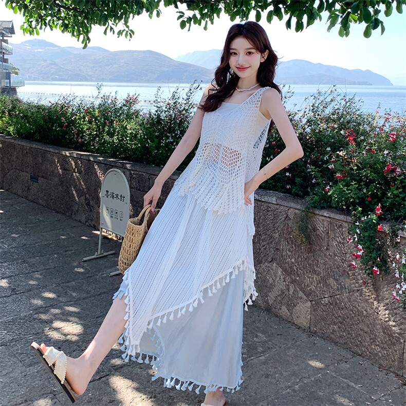 波西米亚度假风套装裙女2025夏新款镂空马甲背心流苏半身裙三件套,女装套装/套裙,浙宝220