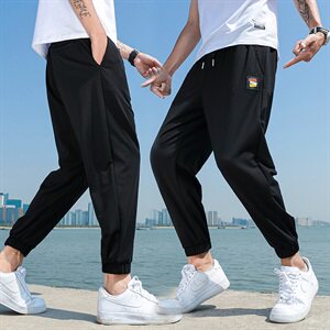 夏季透气薄款休闲长裤九分裤宽松紧腰束脚哈伦裤模黑图片