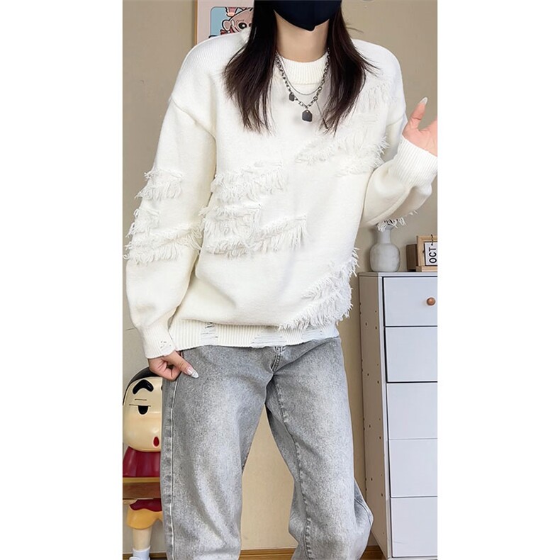 秋季流苏圆领毛衣男女同款宽松休闲百搭高级感上衣ZB632-特价46,男装针织衫/毛衣,电商A007