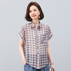 叶笙衣2551小翻领格子衬衫，女装衬衫，叶笙衣