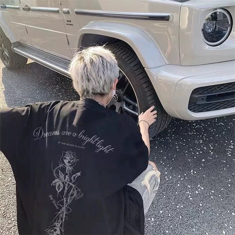美式情侣西海岸玫瑰花t恤男款夏季高克重磅短袖潮牌T454p25,男装T恤,电商D315