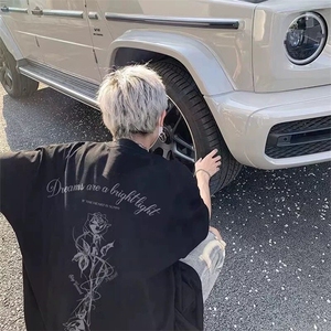 美式情侣西海岸玫瑰花t恤男款夏季高克重磅短袖潮牌T454p25图片