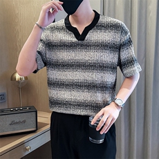 夏打底衫纯色针织条纹圆领T恤短袖社会小伙A236-82567-特P40，男装T恤，电商A236