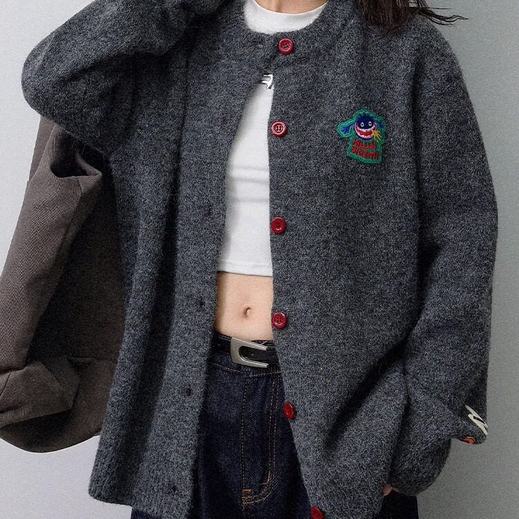 稚成人 日系复古卡通开衫高级感毛衣外套女秋冬宽松慵懒风针织衫图片