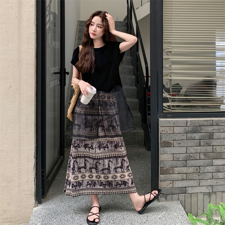 轻熟风韩系网纱短袖上衣套装女夏季新款休闲显瘦印花半身裙两件套图片