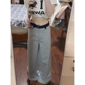 爱心刺绣美式复古竖条纹裤子男女设计感小众休闲裤直筒垂感图片