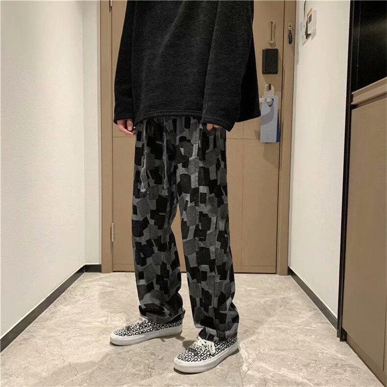 ins高街暗黑复古直筒裤嘻哈潮牌宽松休闲垂感牛仔长裤男k702-p55图片