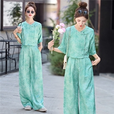 今年流行新中式一整套女夏装高级感气质国风禅意上衣阔腿裤两件套，女装套装/套裙，伊仟回