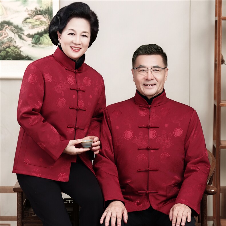 2025情侣毛领加绒中老年唐装外套爸爸妈妈喜庆生日婚宴风外套,男装民族服装,钱塘723