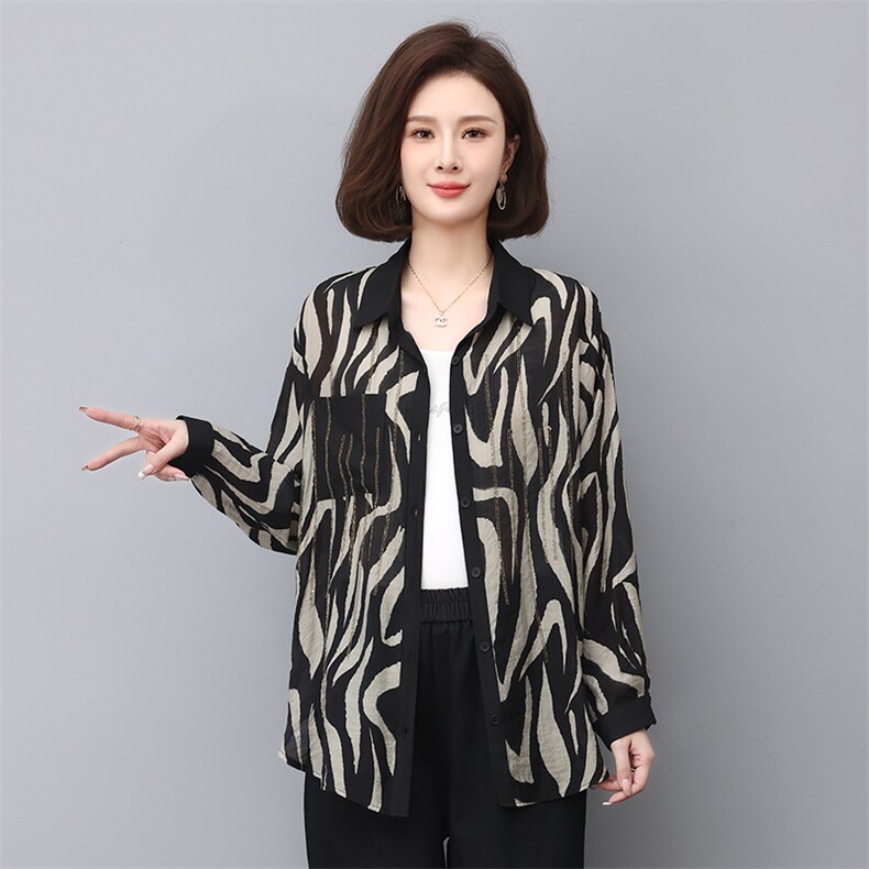时尚春季宽松镶钻斑马纹衬衫女,女装衬衫,叶笙衣