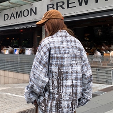 港风夏款男女长袖衬衫扎染条纹渐变色字母刺绣宽松衬衣CS04P45，男装衬衫，星座1013-1