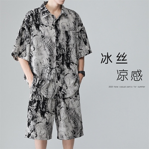特批P45无差价夏季痞帅透气水墨画冰丝短袖衬衫短裤两件套装TZ088图片