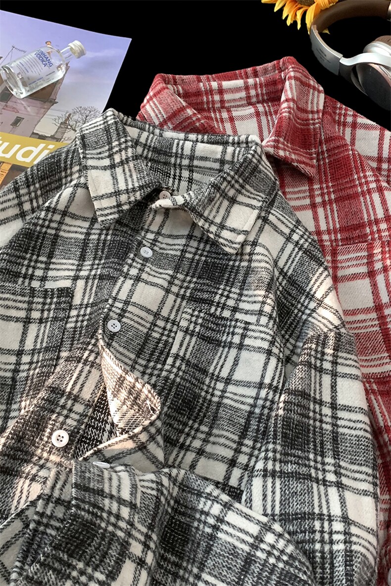 特批P35无差价秋季新款复古格子衬衫男vintage翻领衬衣外套C2533,男装衬衫,电商A001