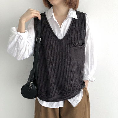 短款套头针织马甲背心冬季宽松大码女装纯色毛衣马夹V领坎肩上衣,女装马甲,洁纯羊绒