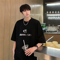 银色立体四芒星印花短袖T恤男DT77776P23块特价控45：供抖音视频，男装T恤，星座227-7