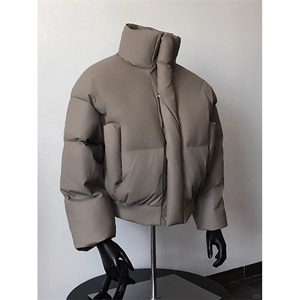 现货5W件冬季三防重磅硬挺boxy短款羽绒立领PU皮棉衣外套加厚棉服图片