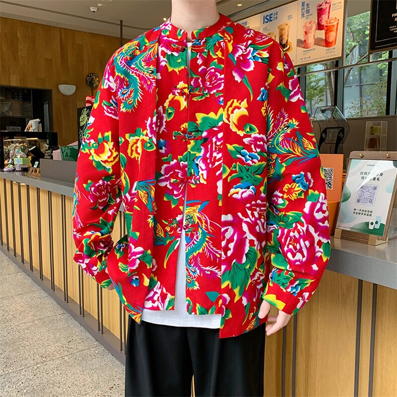 C88东北大花假两件长袖衬衫盘扣新中式汉服表演出团队男女大码潮,男装衬衫,星座115A(原星座507）