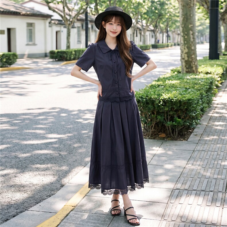 蕾丝拼接娃娃领系带上衣松紧腰半裙学院风套装女,女装套装/套裙,水衣源